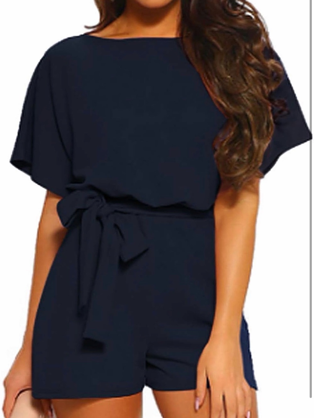 Vetinee Navy Summer Belted Romper Keyhole Back Short Sleeve Playsuit | Medium